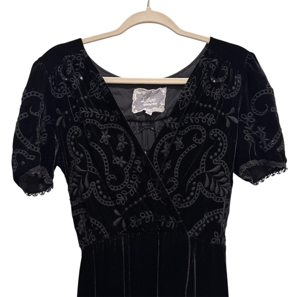 Love Johnny Was Velvet Maxi Dress Silk Embroidered Floral Holiday Party Black XS - Picture 4 of 12